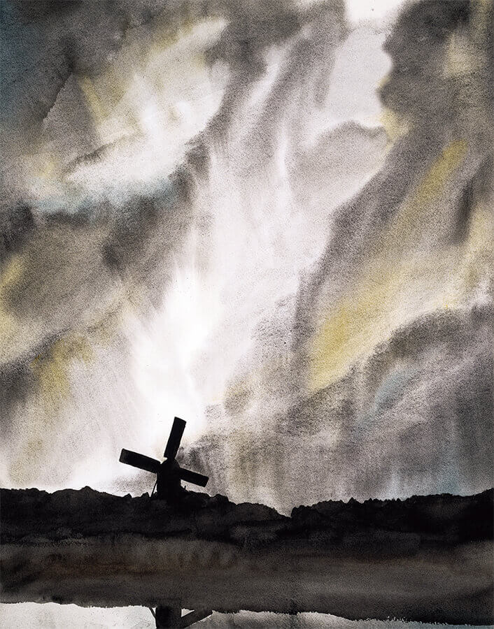 Watercolour of a stomy sky and a silhouette of a mill, Norfolk by Nick Muir