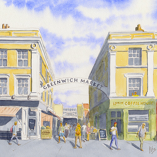 Watercolour of the market entrance on Greenwich Church Street, London, by Nick Muir