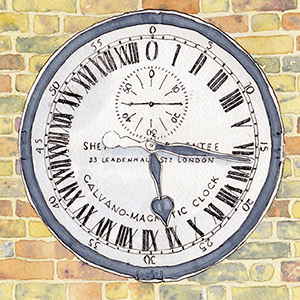 Watercolour and ink painting of the Sheperd Gate Clock by Nick Muir