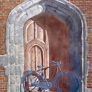 Watercolour painting by Nick Muir of a large wooden college door, with a stone surround and a bicycle leaning against it, just inside of double yellow parking lines on the road, Cambridge, England