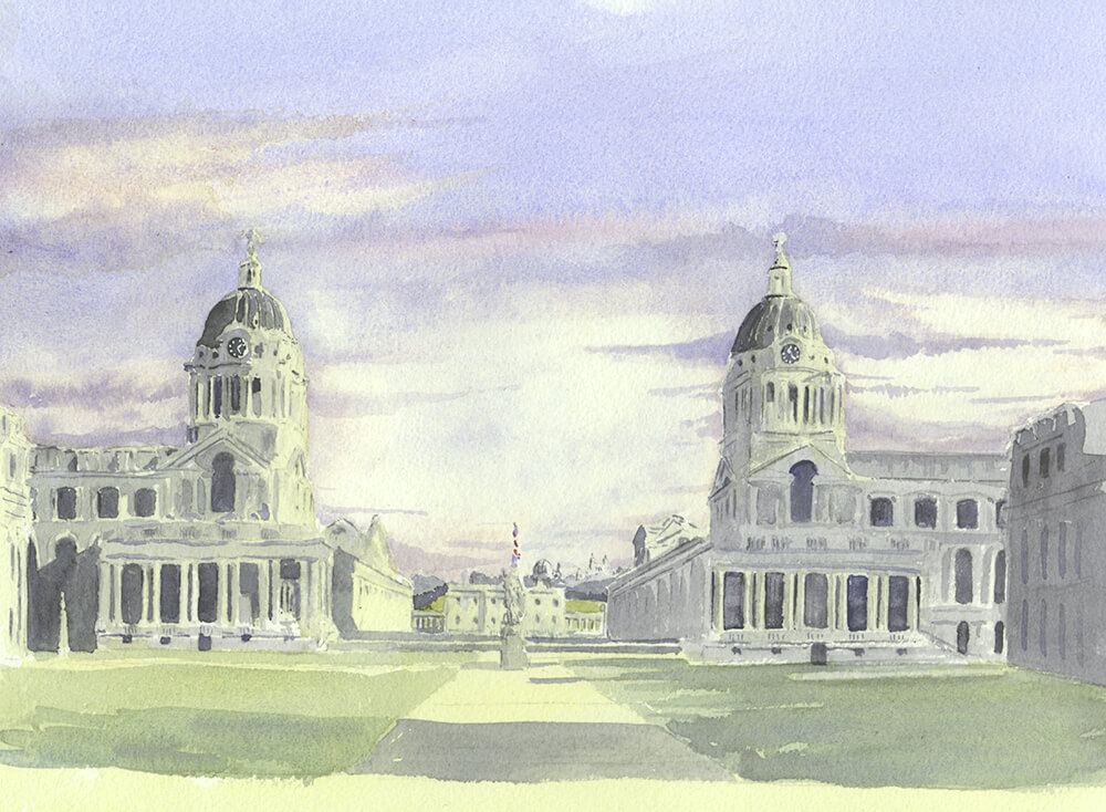 Watercolour painting by Nick Muir depicting theRoyal Naval College, Greenwich viewed from the northside, looking south with Queens House in the middle distance and Flamsteed House and the Old Royal Observatory at the top of Greenwich park in the far distance.