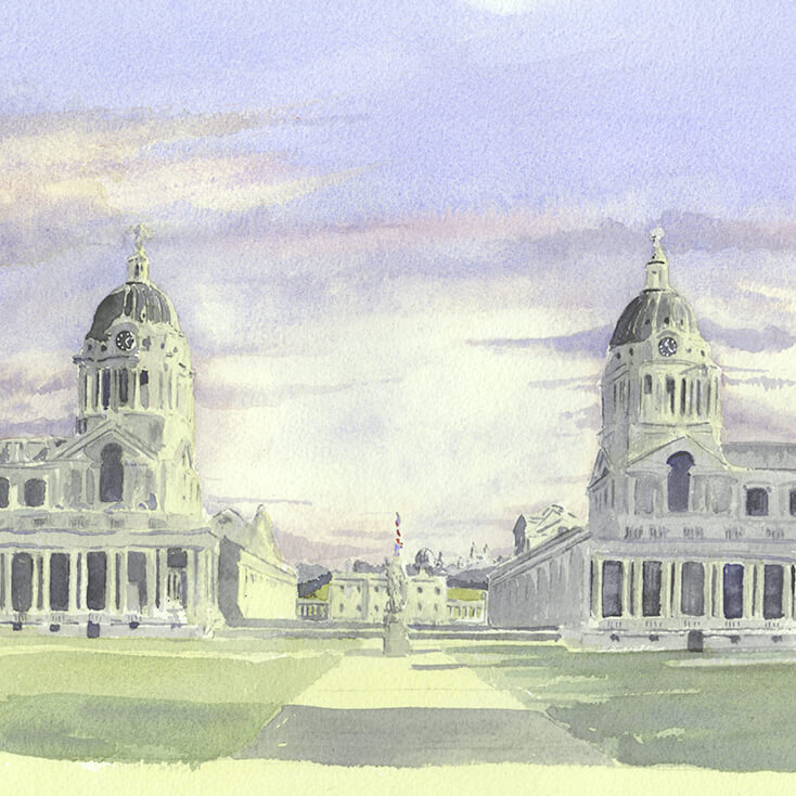 Watercolour painting by Nick Muir depicting theRoyal Naval College, Greenwich viewed from the northside, looking south with Queens House in the middle distance and Flamsteed House and the Old Royal Observatory at the top of Greenwich park in the far distance.