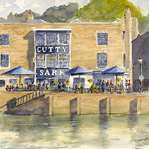 Watercolour painting by Nick Muir of the Cutty Sark Pub, Greenwich viewed from the Thames with people outside in the sun with parasols