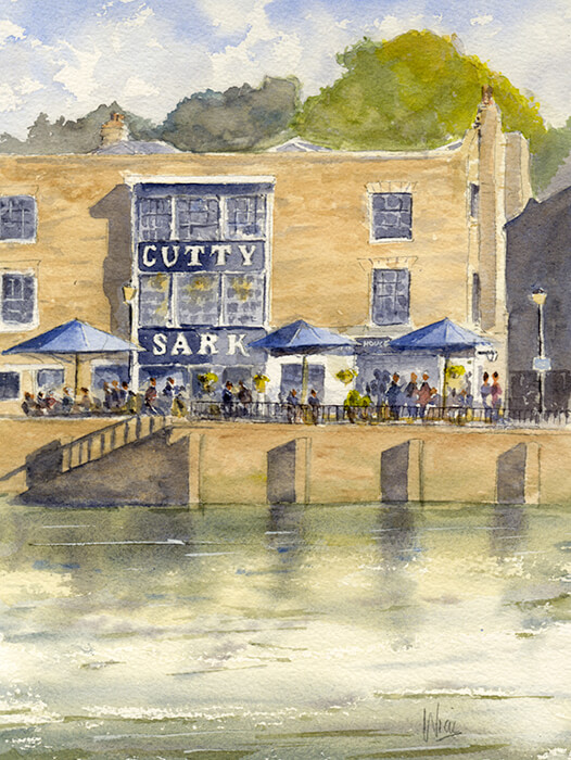Watercolour painting by Nick Muir of the Cutty Sark Pub, Greenwich viewed from the Thames with people outside in the sun with parasols
