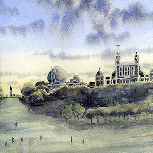 Watercolour painting by Nick Muir showing the view up the hill to the Royal Observatory, Greenwich with crowds of people at the top around the statue of General Wolfe