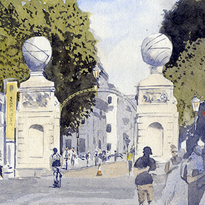 Watercolour Painting by Nick Muir showing the entrance to Greenwich University, with it's columns and globes, King William Walk, Greenwich