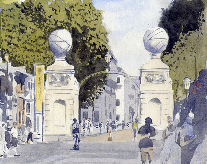 Watercolour Painting by Nick Muir showing the entrance to Greenwich University, with it's columns and globes, King William Walk, Greenwich