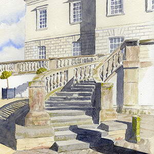 Watercolour painting by Nick Muir of the steps to the Queens House in Greenwich with sunshine casting shadows on the steps
