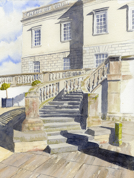 Watercolour painting by Nick Muir of the steps to the Queens House in Greenwich with sunshine casting shadows on the steps