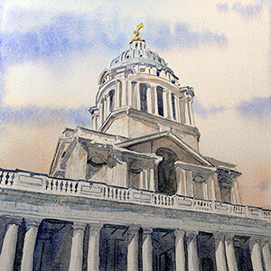 Watercolour painting by Nick Muir showing the Royal Naval College Clocktower, Greenwich from below looking up withan early spring dawn sky