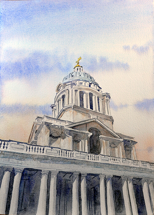 Watercolour painting by Nick Muir showing the Royal Naval College Clocktower, Greenwich from below looking up withan early spring dawn sky