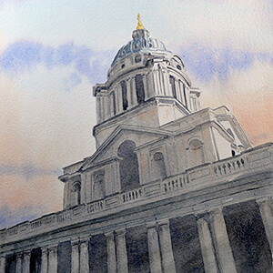Watercolour by Nick Muir of the Royal Naval College Weather Vane Tower from below looking up withan early spring dawn sky