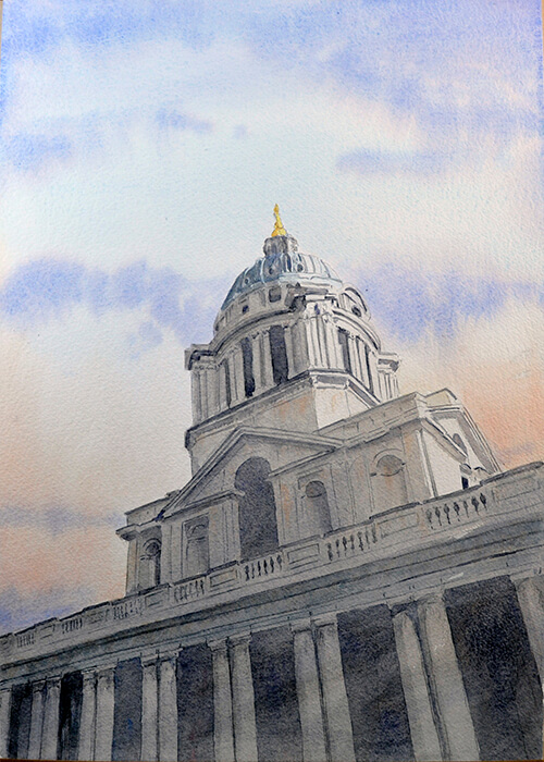Watercolour by Nick Muir of the Royal Naval College Weather Vane Tower from below looking up withan early spring dawn sky