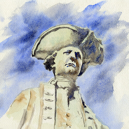 Watercolour painting by Nick Muir of th statue of Captain Cook, Greenwich, looking up at his head and shoulders