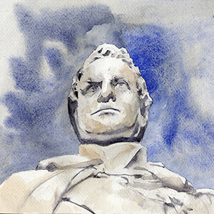 Watercolour painting by Nick Muir, showing the statue of King William IV, Greenwich but mainly his head and shoulders