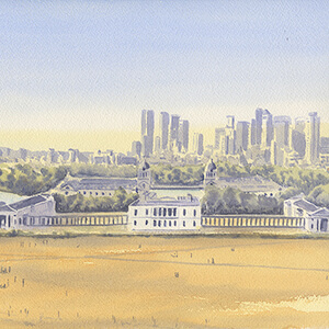 Watercolour painting by Nick Muir showing the View from the Royal Observatory, Greenwich during rrought with dry yellow/brown grass in front of the Queens House with the old Royal Naval College and the Thames behind, then Docklands in the distance.