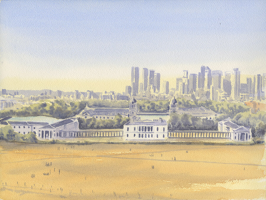 Watercolour painting by Nick Muir showing the View from the Royal Observatory, Greenwich during drought with dry yellow/brown grass in front of the Queens House with the old Royal Naval College and the Thames behind, then Docklands in the distance.