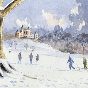 Watercolour painting by Nick Muir of a snowy scene in Greenwich park with Flamsteed Hose at the top of the hill and two boys with toboggans walking up the hill.