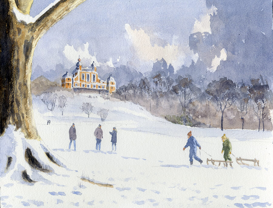 Watercolour painting by Nick Muir of a snowy scene in Greenwich park with Flamsteed Hose at the top of the hill and two boys with toboggans walking up the hill.